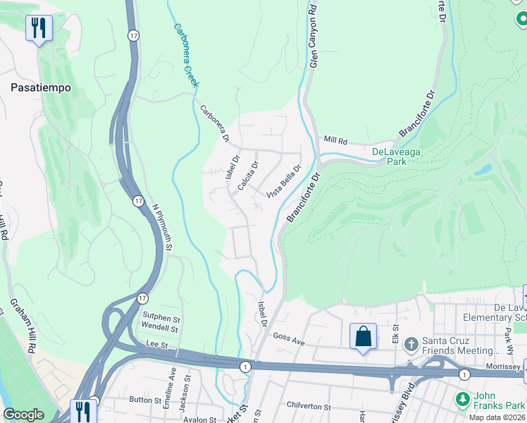 map of restaurants, bars, coffee shops, grocery stores, and more near 101 Esmeralda Drive in Santa Cruz