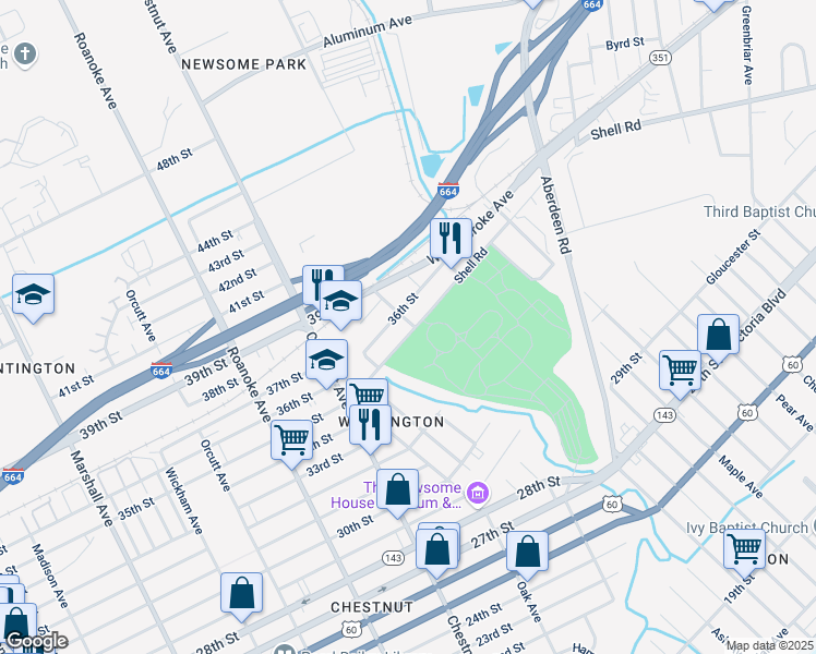 map of restaurants, bars, coffee shops, grocery stores, and more near 1250 36th Street in Newport News
