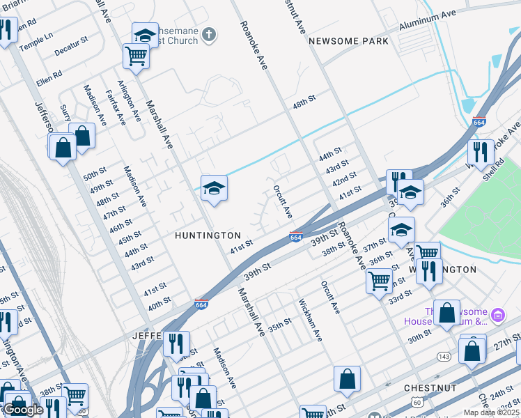 map of restaurants, bars, coffee shops, grocery stores, and more near 827 41st Street in Newport News