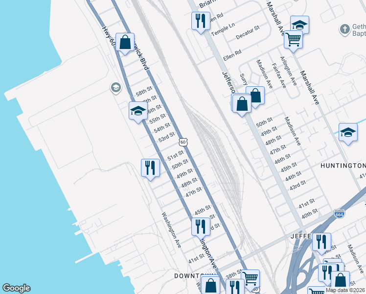 map of restaurants, bars, coffee shops, grocery stores, and more near 351 51st Street in Newport News