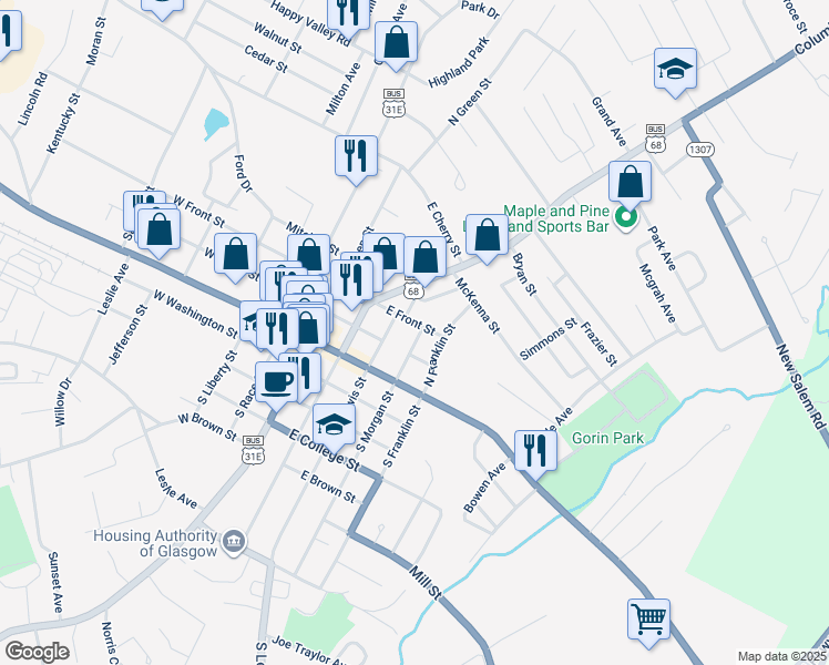 map of restaurants, bars, coffee shops, grocery stores, and more near 310 East Front Street in Glasgow