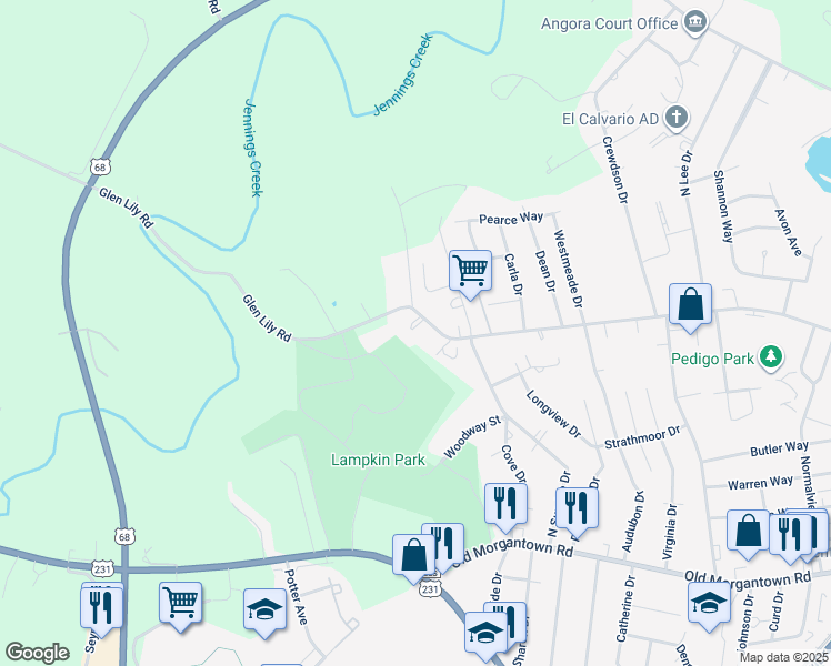map of restaurants, bars, coffee shops, grocery stores, and more near 827 Glen Lily Road in Bowling Green
