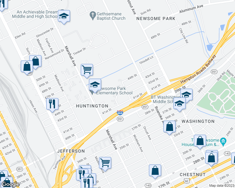 map of restaurants, bars, coffee shops, grocery stores, and more near 4255 Newsome Drive in Newport News