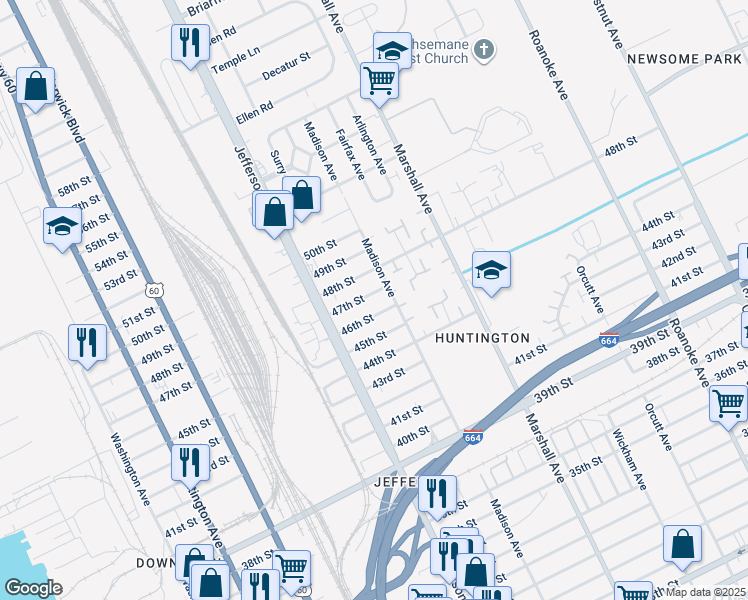 map of restaurants, bars, coffee shops, grocery stores, and more near 632 47th Street in Newport News