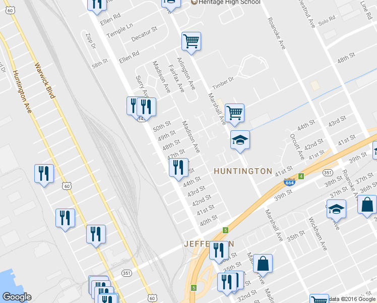 map of restaurants, bars, coffee shops, grocery stores, and more near 632 47th Street in Newport News