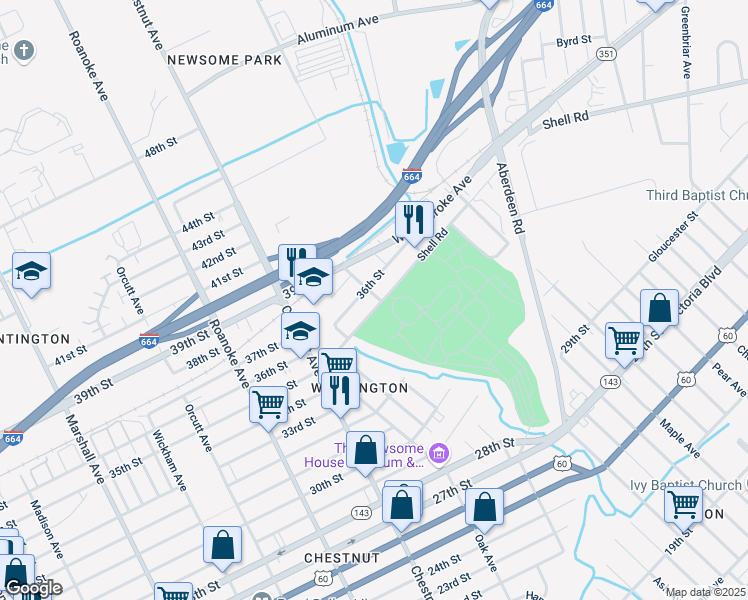map of restaurants, bars, coffee shops, grocery stores, and more near 1250 36th Street in Newport News