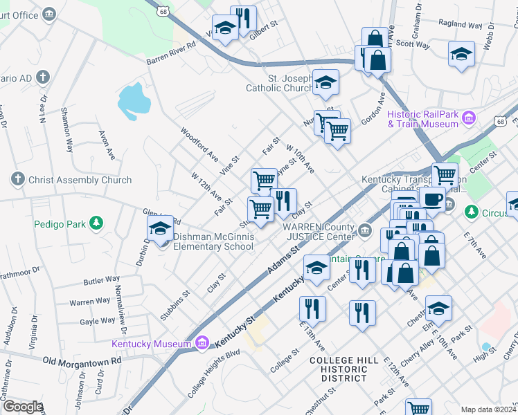 map of restaurants, bars, coffee shops, grocery stores, and more near 209 Woodford Avenue in Bowling Green