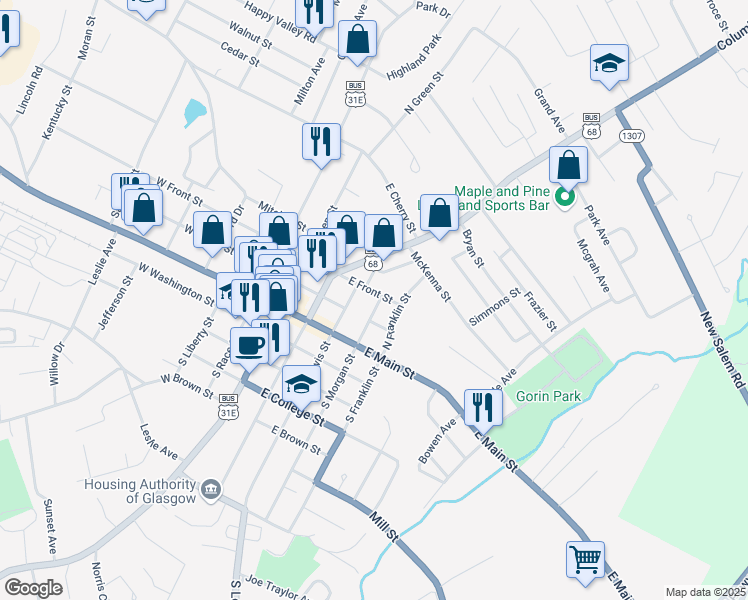 map of restaurants, bars, coffee shops, grocery stores, and more near 310 East Front Street in Glasgow