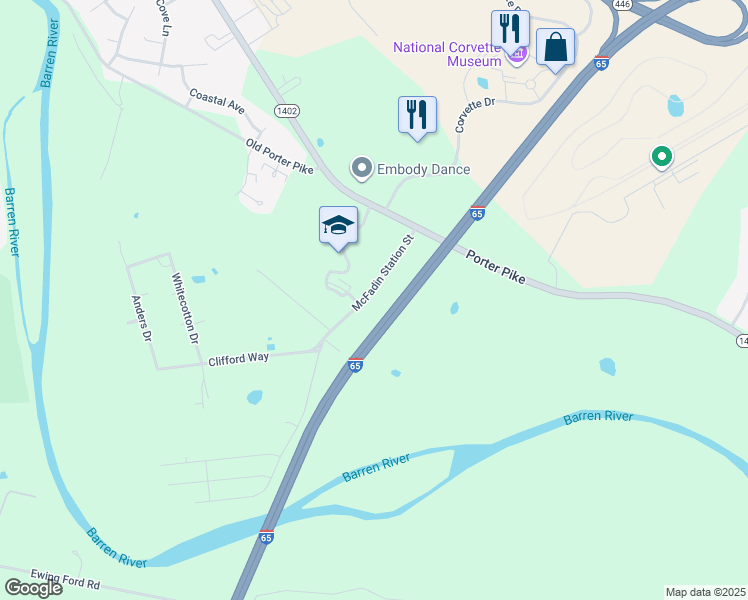 map of restaurants, bars, coffee shops, grocery stores, and more near 241 McFadin Station Street in Bowling Green