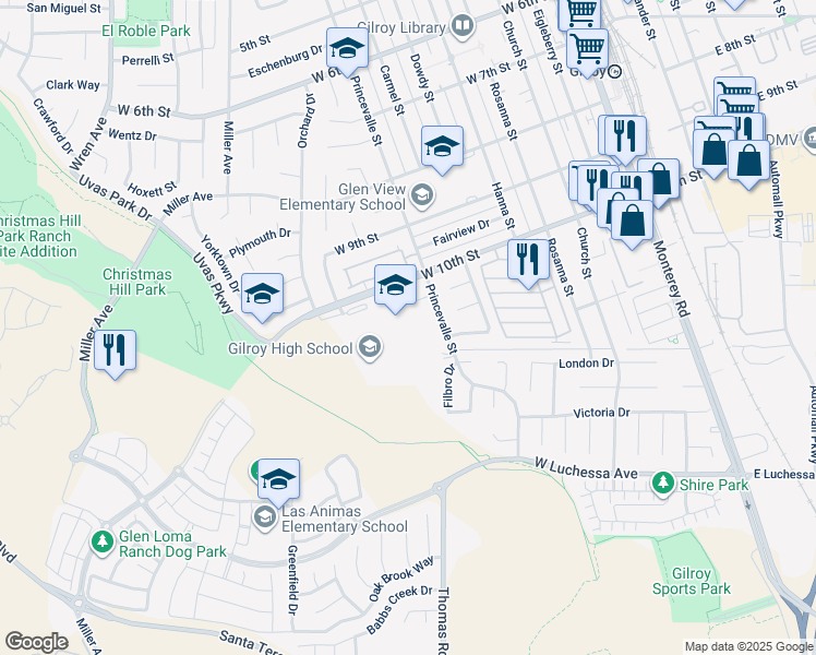 map of restaurants, bars, coffee shops, grocery stores, and more near 750 West 10th Street in Gilroy