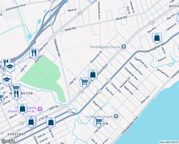 map of restaurants, bars, coffee shops, grocery stores, and more near 382 Sampson Avenue in Hampton