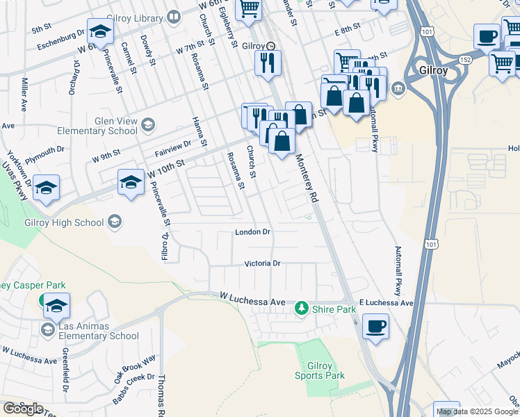 map of restaurants, bars, coffee shops, grocery stores, and more near 6741 Church Street in Gilroy