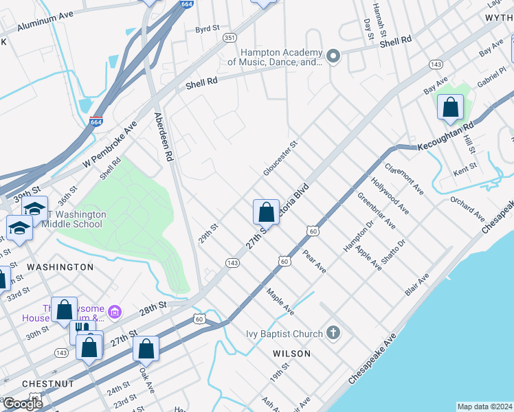 map of restaurants, bars, coffee shops, grocery stores, and more near 382 Sampson Avenue in Hampton