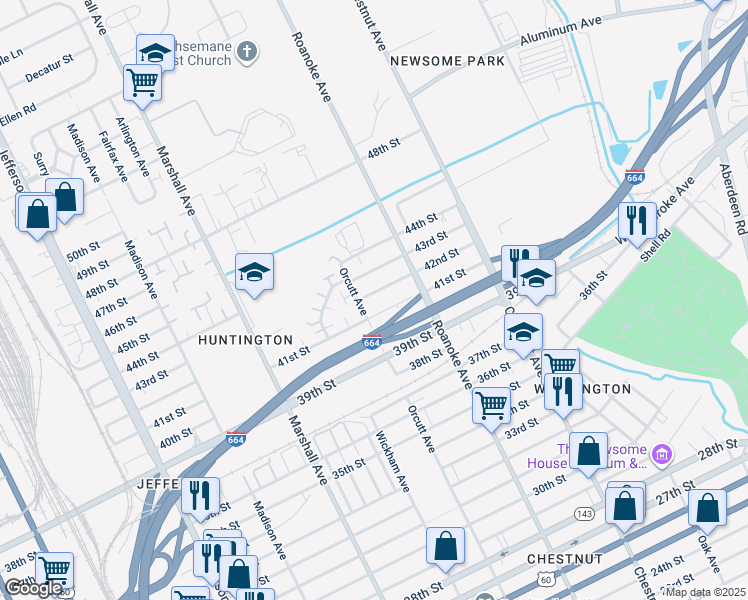 map of restaurants, bars, coffee shops, grocery stores, and more near 1016 42nd Street in Newport News