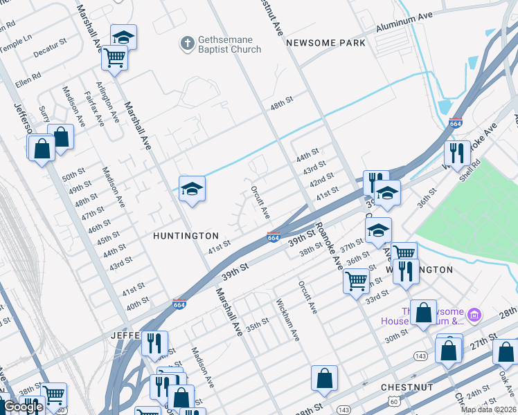 map of restaurants, bars, coffee shops, grocery stores, and more near 4239 Orcutt Avenue in Newport News