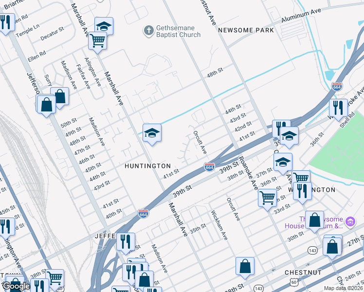 map of restaurants, bars, coffee shops, grocery stores, and more near 827 41st Street in Newport News