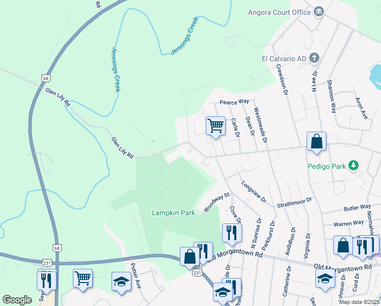 map of restaurants, bars, coffee shops, grocery stores, and more near 827 Glen Lily Road in Bowling Green