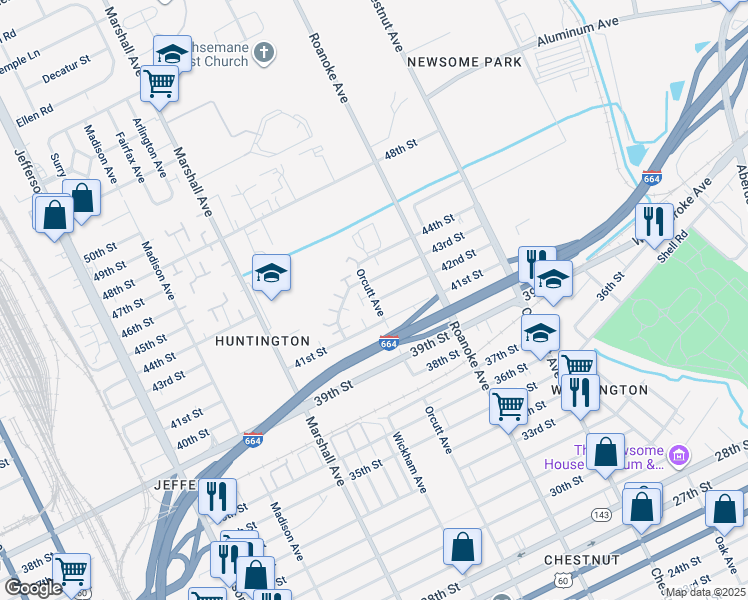 map of restaurants, bars, coffee shops, grocery stores, and more near 4207 Orcutt Avenue in Newport News