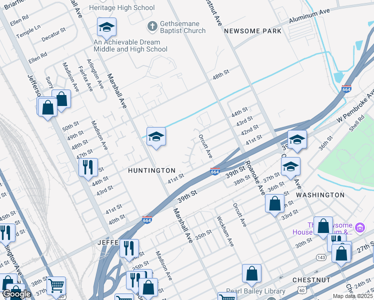 map of restaurants, bars, coffee shops, grocery stores, and more near 827 41st Street in Newport News