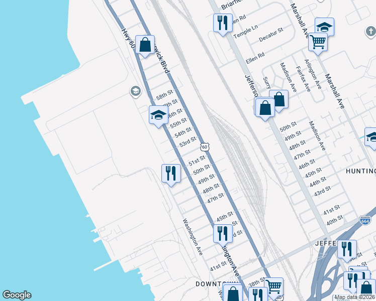 map of restaurants, bars, coffee shops, grocery stores, and more near 319 52nd Street in Newport News