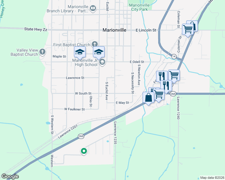 map of restaurants, bars, coffee shops, grocery stores, and more near 515-599 South Central Avenue in Marionville