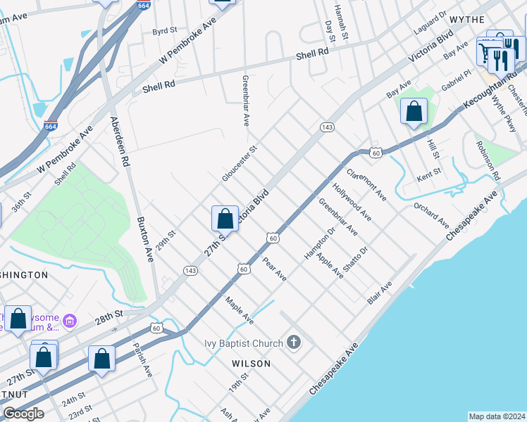 map of restaurants, bars, coffee shops, grocery stores, and more near 329 Apple Avenue in Hampton