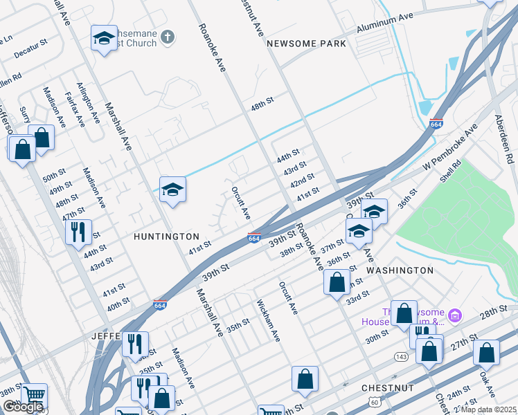 map of restaurants, bars, coffee shops, grocery stores, and more near 1013 41st Street in Newport News