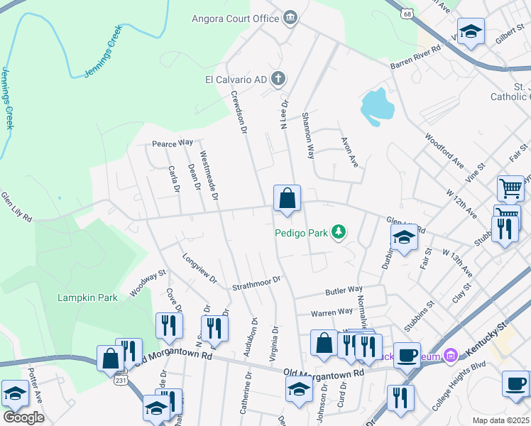 map of restaurants, bars, coffee shops, grocery stores, and more near 505 Glen Lily Road in Bowling Green