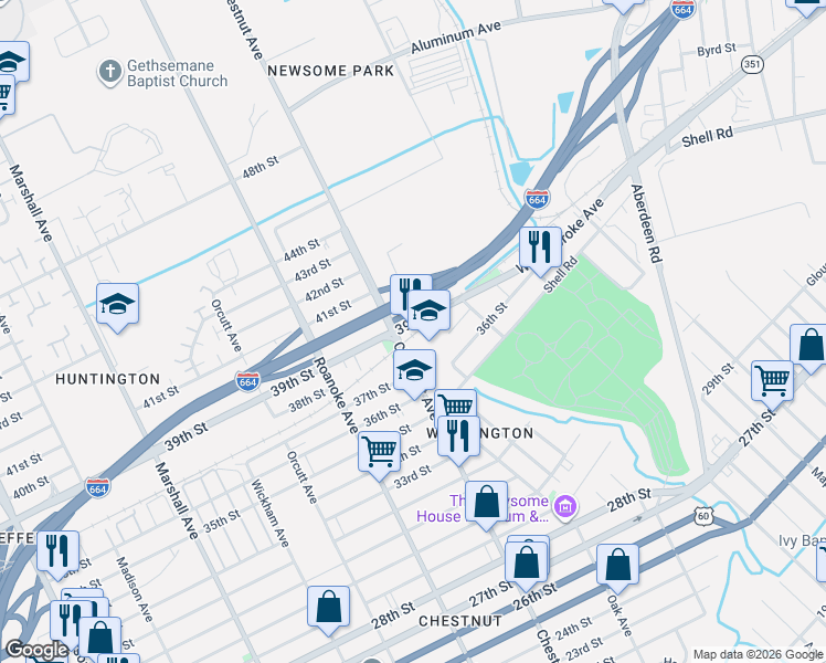 map of restaurants, bars, coffee shops, grocery stores, and more near 3816 Chestnut Avenue in Newport News