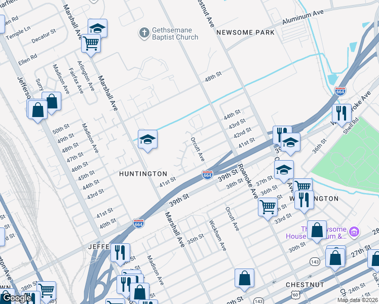 map of restaurants, bars, coffee shops, grocery stores, and more near 4239 Orcutt Avenue in Newport News