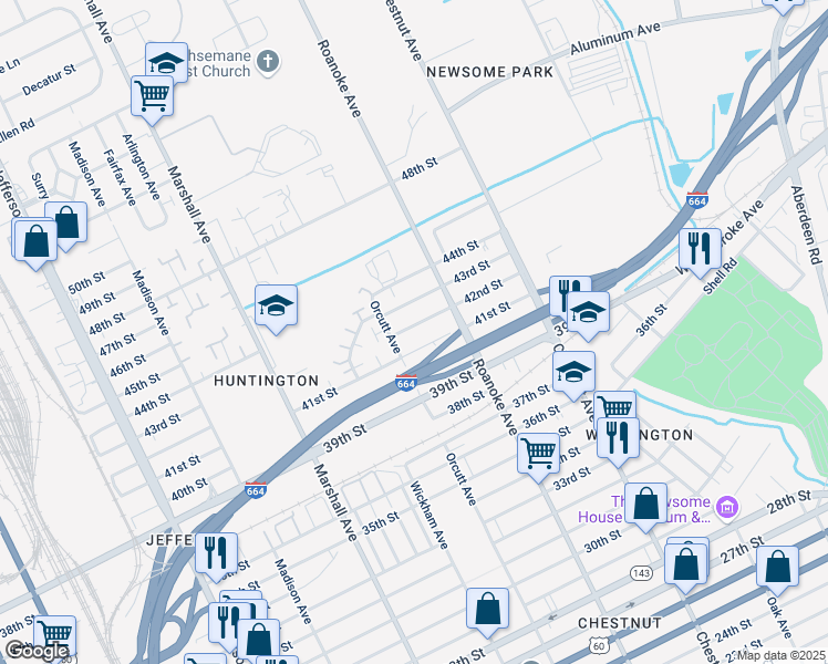 map of restaurants, bars, coffee shops, grocery stores, and more near 1013 41st Street in Newport News