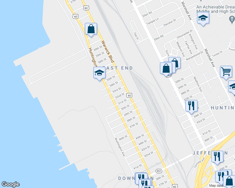 map of restaurants, bars, coffee shops, grocery stores, and more near 316 52nd Street in Newport News