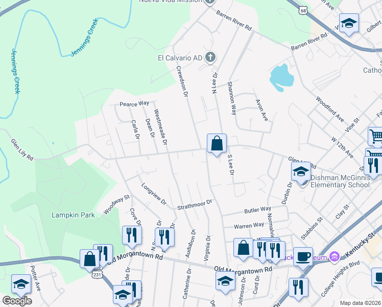 map of restaurants, bars, coffee shops, grocery stores, and more near 513 Glen Lily Road in Bowling Green