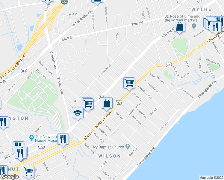 map of restaurants, bars, coffee shops, grocery stores, and more near 810 Victoria Boulevard in Hampton