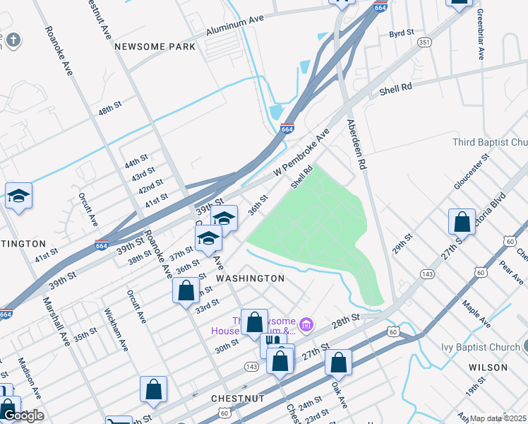 map of restaurants, bars, coffee shops, grocery stores, and more near 1301 35th Street in Newport News