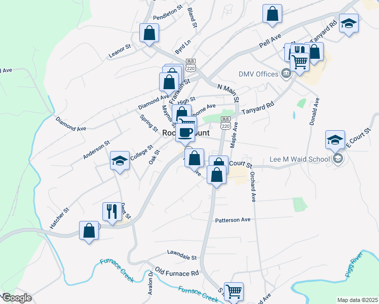 map of restaurants, bars, coffee shops, grocery stores, and more near 465 Franklin Street in Rocky Mount