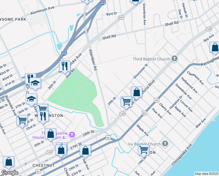 map of restaurants, bars, coffee shops, grocery stores, and more near 428 Pine Avenue in Newport News