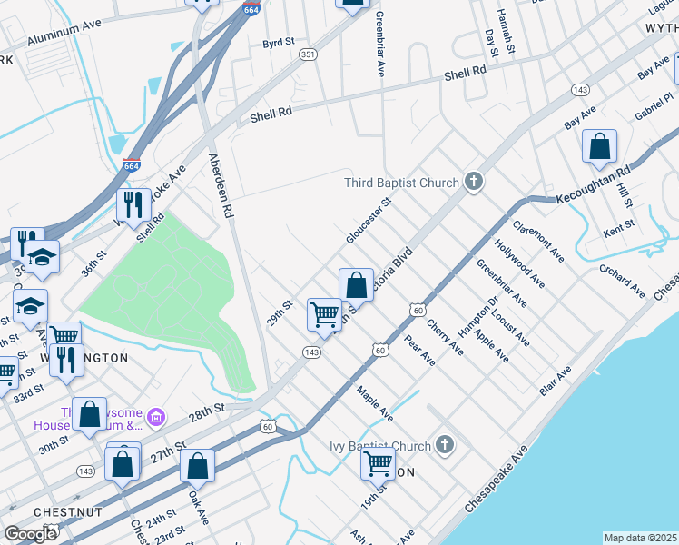 map of restaurants, bars, coffee shops, grocery stores, and more near 386 Sampson Avenue in Hampton