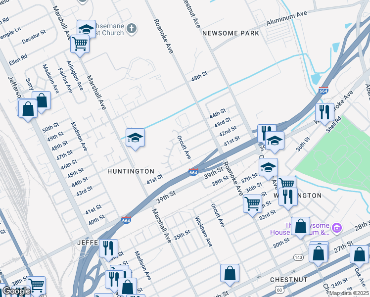 map of restaurants, bars, coffee shops, grocery stores, and more near 4233 Orcutt Avenue in Newport News