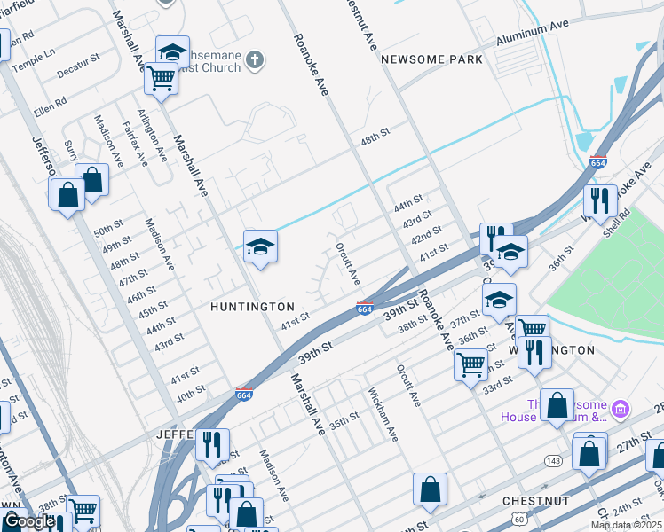 map of restaurants, bars, coffee shops, grocery stores, and more near 4239 Orcutt Avenue in Newport News