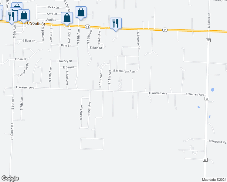 map of restaurants, bars, coffee shops, grocery stores, and more near East Warren Avenue in Ozark