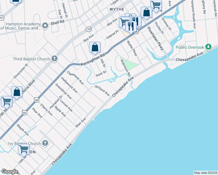 map of restaurants, bars, coffee shops, grocery stores, and more near 1413 Chesapeake Avenue in Hampton