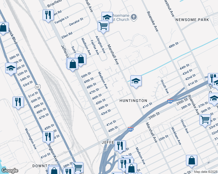 map of restaurants, bars, coffee shops, grocery stores, and more near 4632 Madison Avenue in Newport News