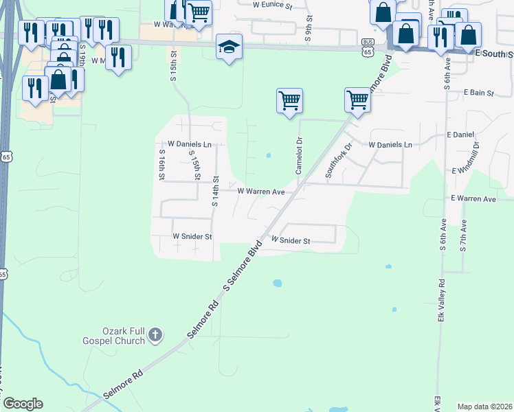 map of restaurants, bars, coffee shops, grocery stores, and more near 2400 South 12th Street in Ozark