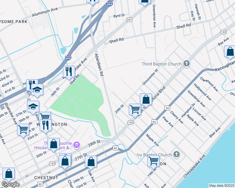 map of restaurants, bars, coffee shops, grocery stores, and more near 428 Pine Avenue in Newport News