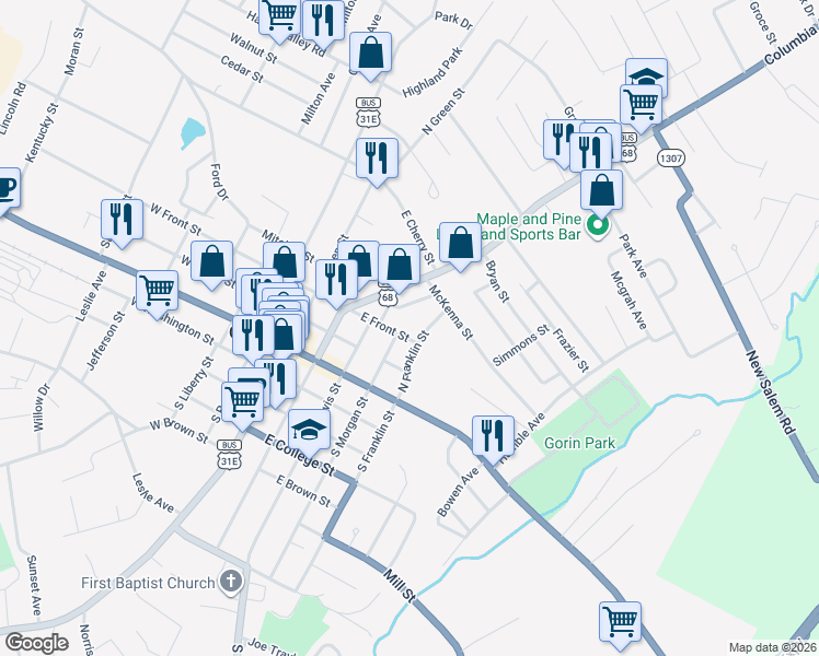 map of restaurants, bars, coffee shops, grocery stores, and more near 300-398 North Franklin Street in Glasgow