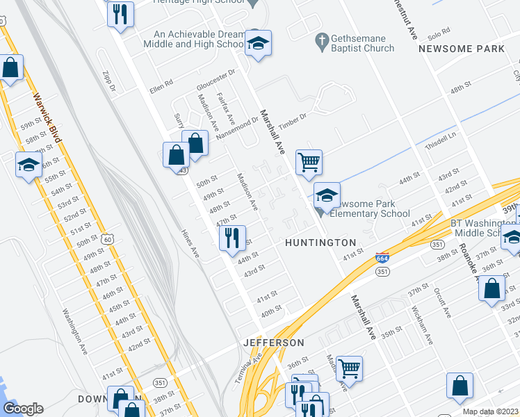 map of restaurants, bars, coffee shops, grocery stores, and more near 4634 Madison Avenue in Newport News