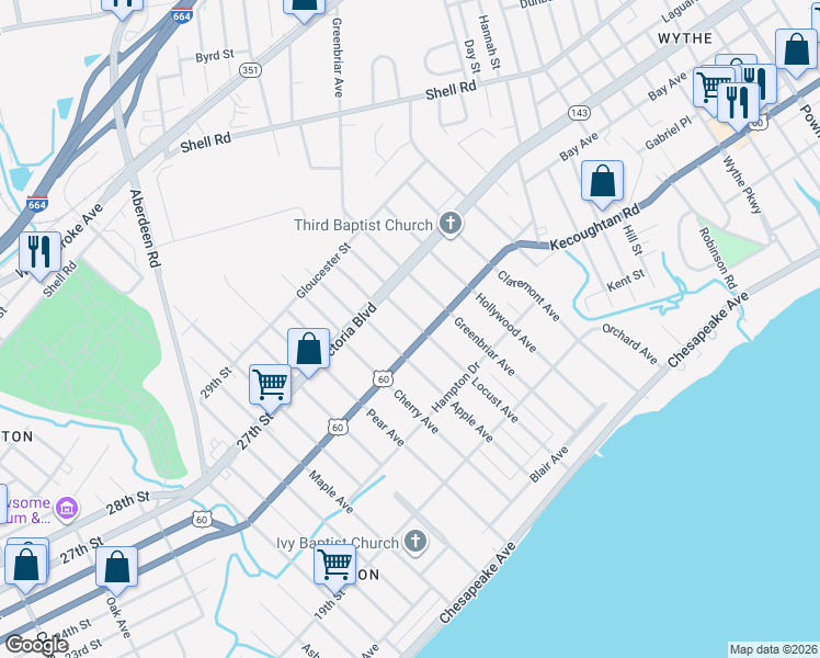 map of restaurants, bars, coffee shops, grocery stores, and more near 311 Locust Avenue in Hampton