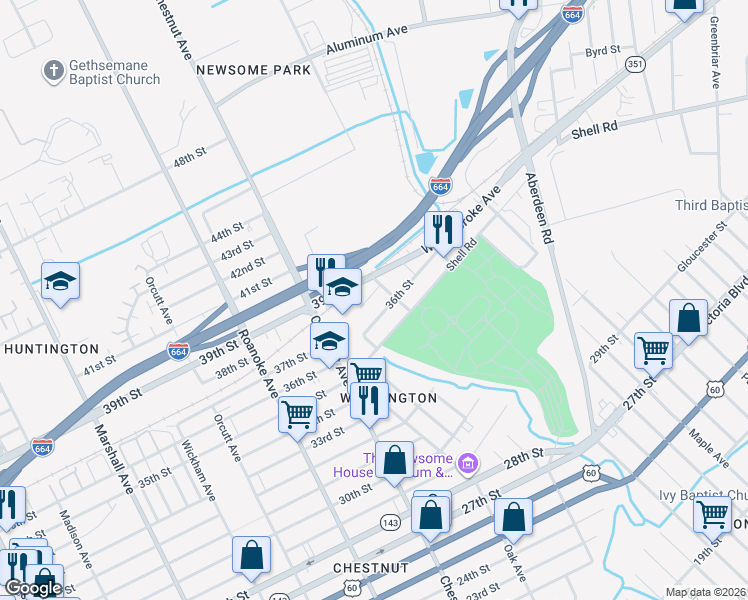 map of restaurants, bars, coffee shops, grocery stores, and more near 1250 36th Street in Newport News