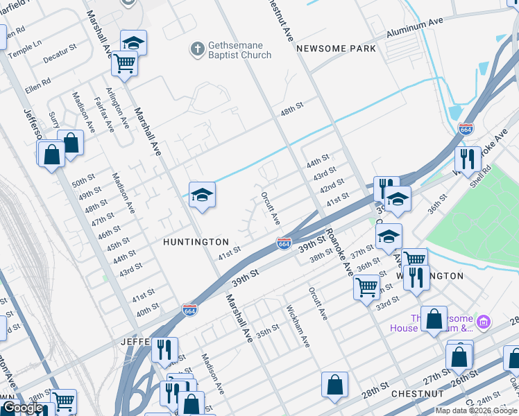 map of restaurants, bars, coffee shops, grocery stores, and more near 4239 Orcutt Avenue in Newport News